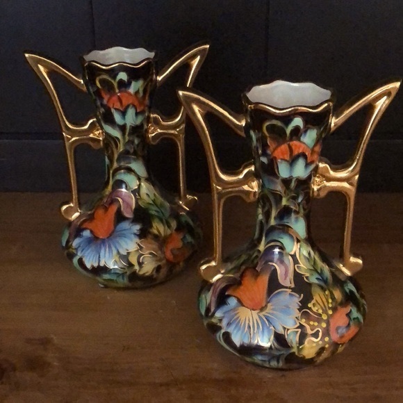 Antique H. Bequet Quaregnon Belgian set of 2 Art Nouveau Handpainted Gil… - Picture 3 of 9